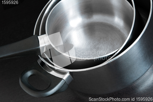 Image of Metal saucepans on dark background