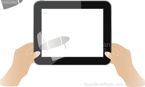 Image of Hands holding touch screen tablet pc with blanc screen