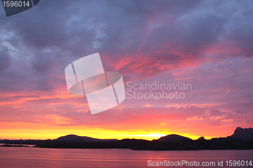 Image of sunset view from a boat off the coast of norway