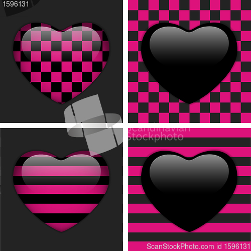 Image of Set of Four Glossy Emo Hearts. Pink and Black Chess and Stripes