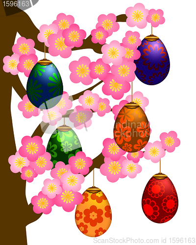 Image of Flowering Cherry Blossom Tree with Easter Eggs