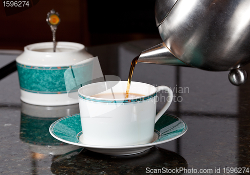 Image of Tea poured from stainless steel teapot