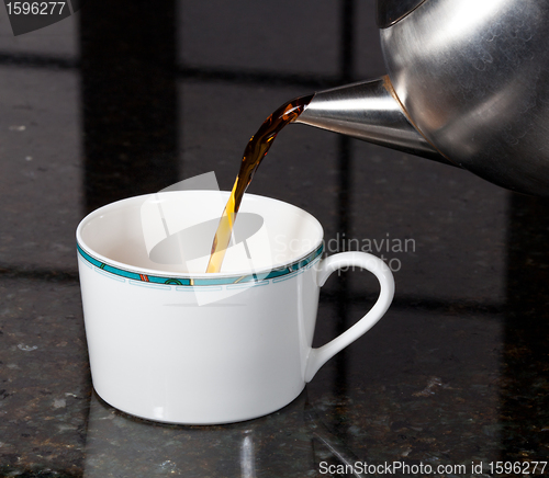 Image of Tea poured from stainless steel teapot