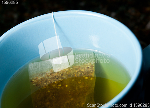 Image of Green tea brewing in hot water in blue cup