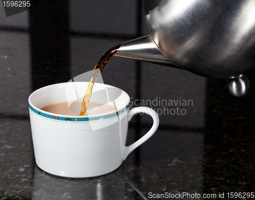 Image of Tea poured from stainless steel teapot