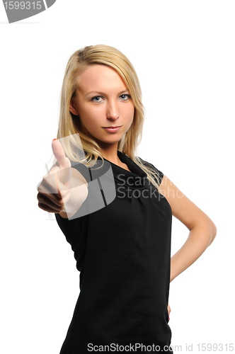 Image of Young beautiful woman thumbs up