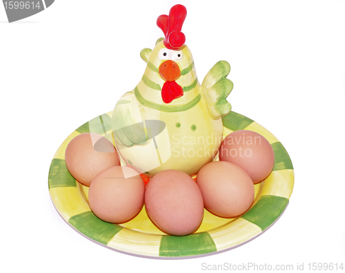 Image of Eggs on green plate with hen decorative