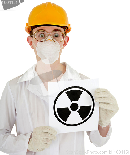 Image of Scientist - a chemist with the sign of radiation