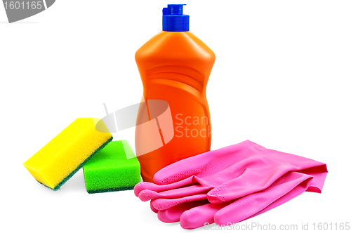 Image of Bottle of detergent with rubber gloves and two sponges