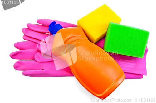 Image of Bottle with the orange rubber gloves and two sponges