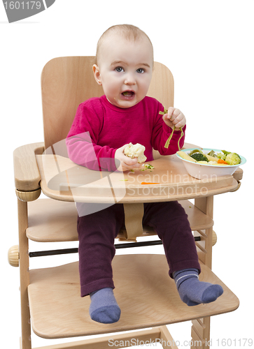 Image of young child eating in high chair