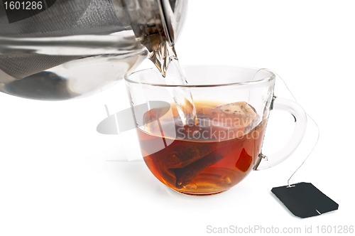 Image of Tea from a bag in a glass cup with a teapot