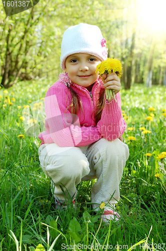 Image of The little girl among dandelions