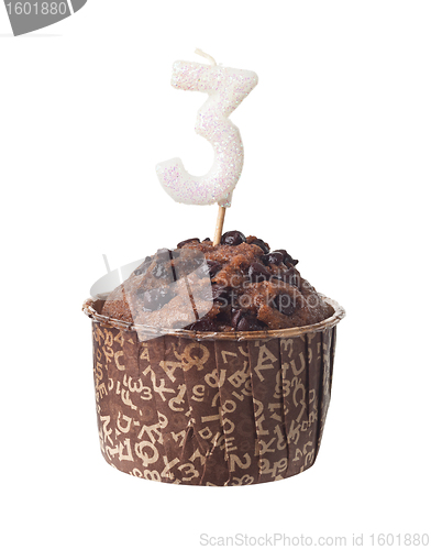 Image of Chocolate muffin with birthday candle for three year old