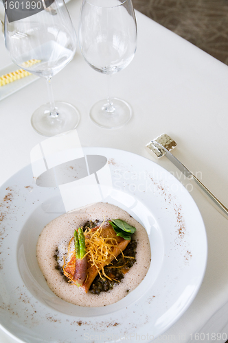 Image of Salmon and asparagus at luxury restaurant