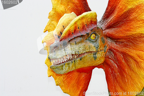 Image of Dilophosaurus dinosaur with orange collar