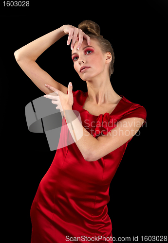 Image of Sexy slim woman in red dress