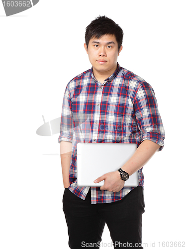 Image of asian man holding laptop computer