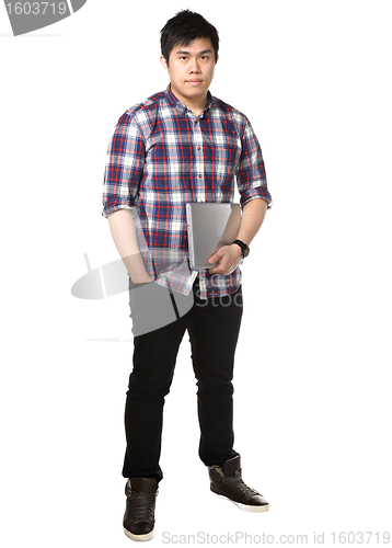 Image of asian man holding laptop computer
