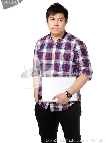 Image of asian man holding laptop computer