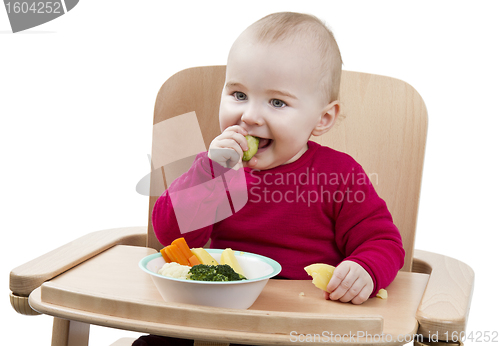 Image of young child eating in high chair