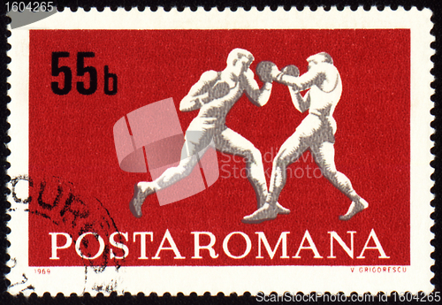 Image of Fighting of two boxers on post stamp