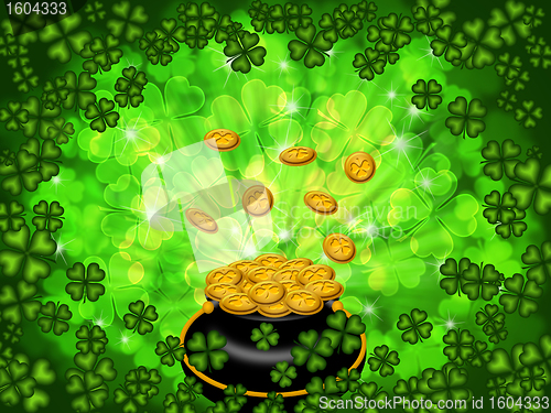 Image of Pot of Gold on Shamrock Four Leaf Clover Background