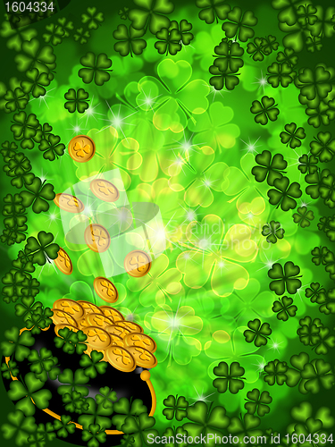 Image of Pot of Gold on Shamrock Four Leaf Clover Background Vertical