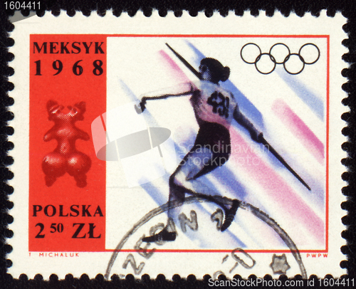 Image of Javelin throwing on post stamp of Poland