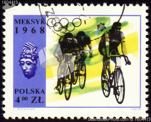 Image of Group of cyclists on polish post stamp