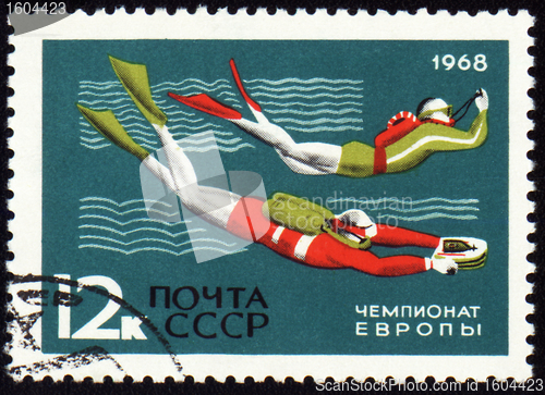 Image of Post stamp shows diving competition