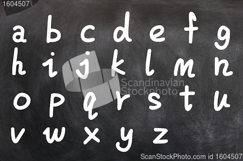Image of English alphabet handwritten with white chalk on a blackboard