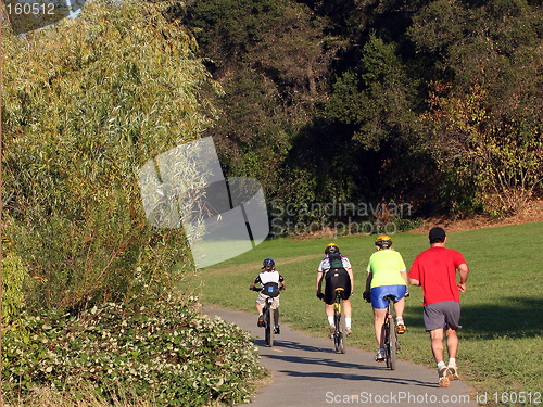 Image of Family riding bikes in a park