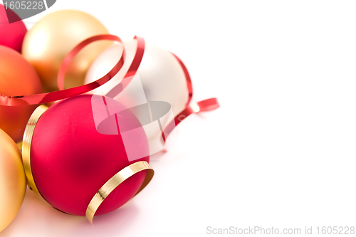 Image of christmas glass balls decorated with ribbons