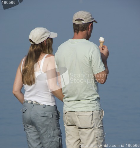 Image of Couple relaxing by sea