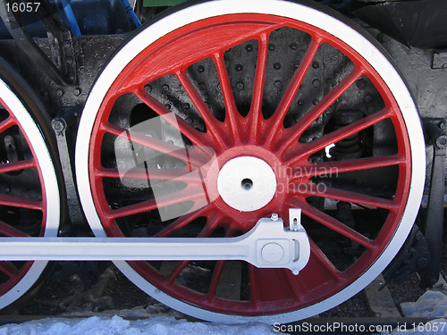Image of Red wheels of locomotive