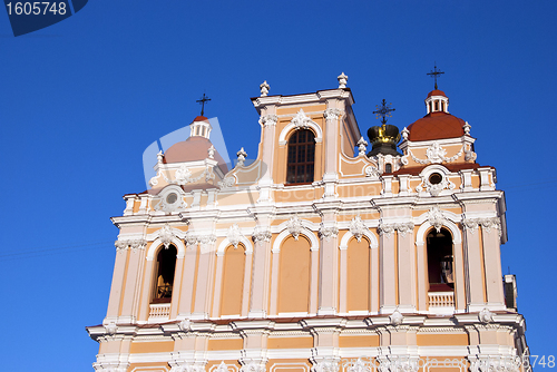 Image of Religious church wall towers cross Vilnius 