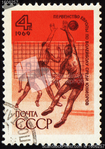 Image of Volleyball competition on post stamp