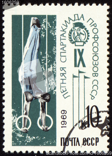 Image of Post stamp shows gymnast on rings