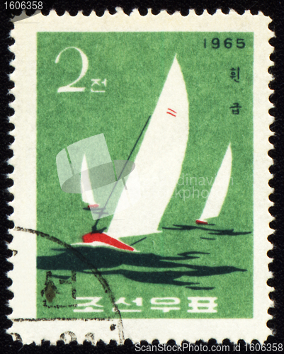 Image of Yachts in a sea on post stamp