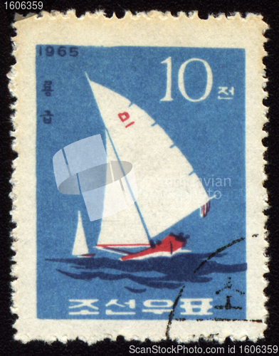 Image of Yacht in a sea on post stamp