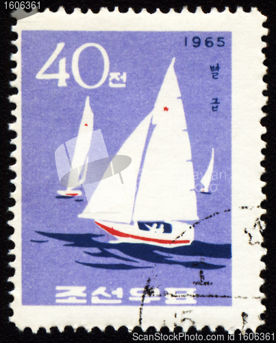 Image of Yachts in a sea on post stamp