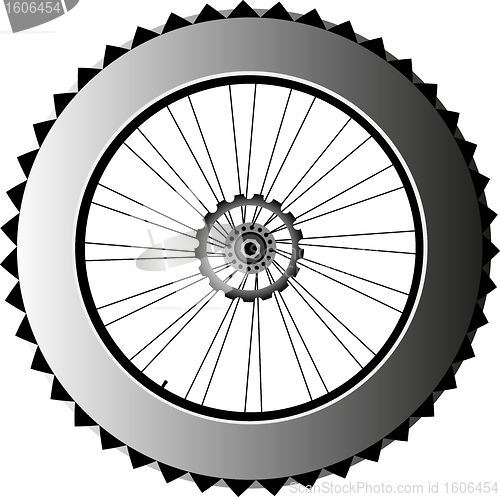 Image of metal bike wheel with tire and spokes. vector