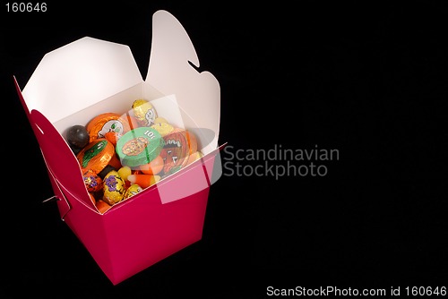 Image of Halloween candy in a red chinese food container