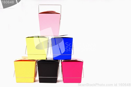 Image of Six colorful chinese food containers stacked on each other