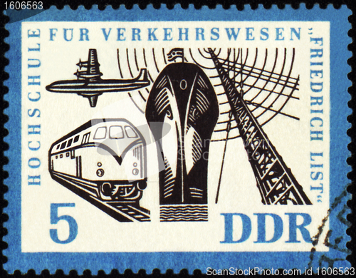 Image of Ship, airplane, train and radio-mast on post stamp