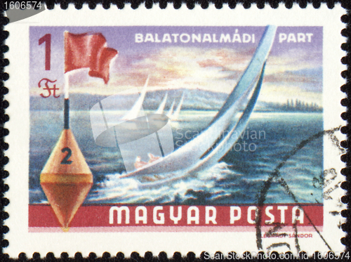 Image of Yacht at Balaton lake on post stamp
