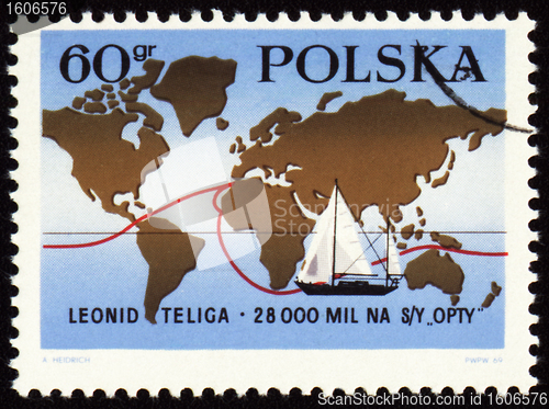 Image of World tour of polish yachtsman Leonid Teliga on post stamp
