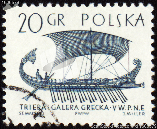 Image of Greek galley Trier on post stamp