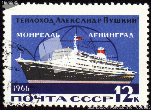 Image of Passenger ship "Alexander Pushkin" on the line to Leningrad, Montreal on post stamp